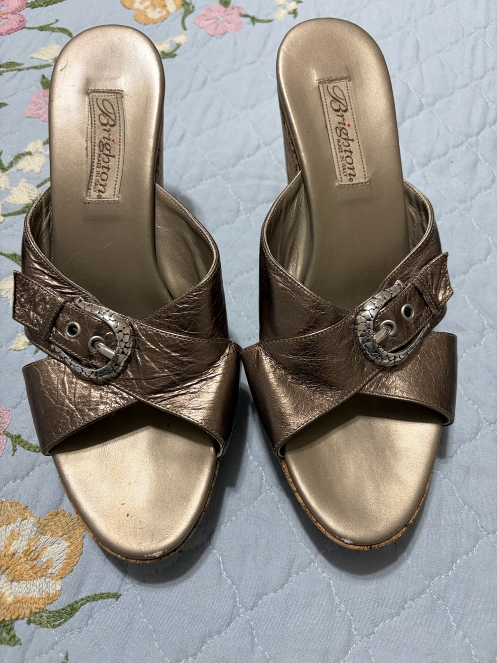 Brighton Bronze Summer Slide Mules Buckle Accent PreOwned Size 8 1/2 Made Italy